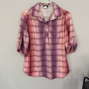 Vintage Lady Sevia Plaid Pink Women's Button Down Top Size Medium Rolled Sleeves